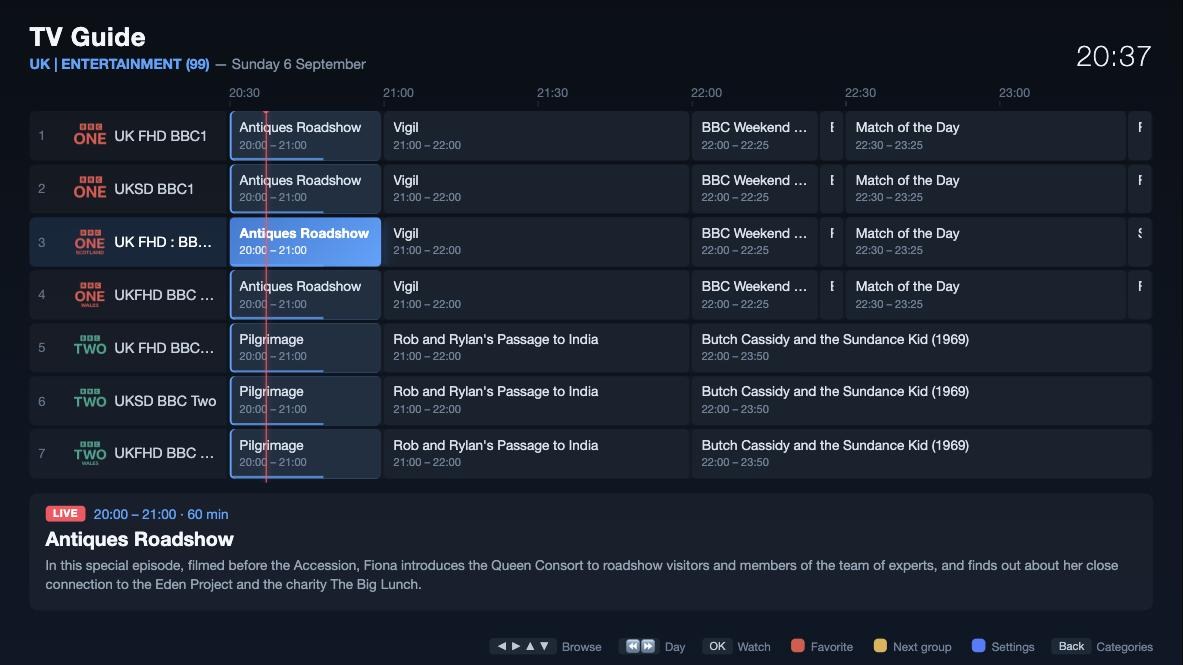 TV guide with live now-line and programme details