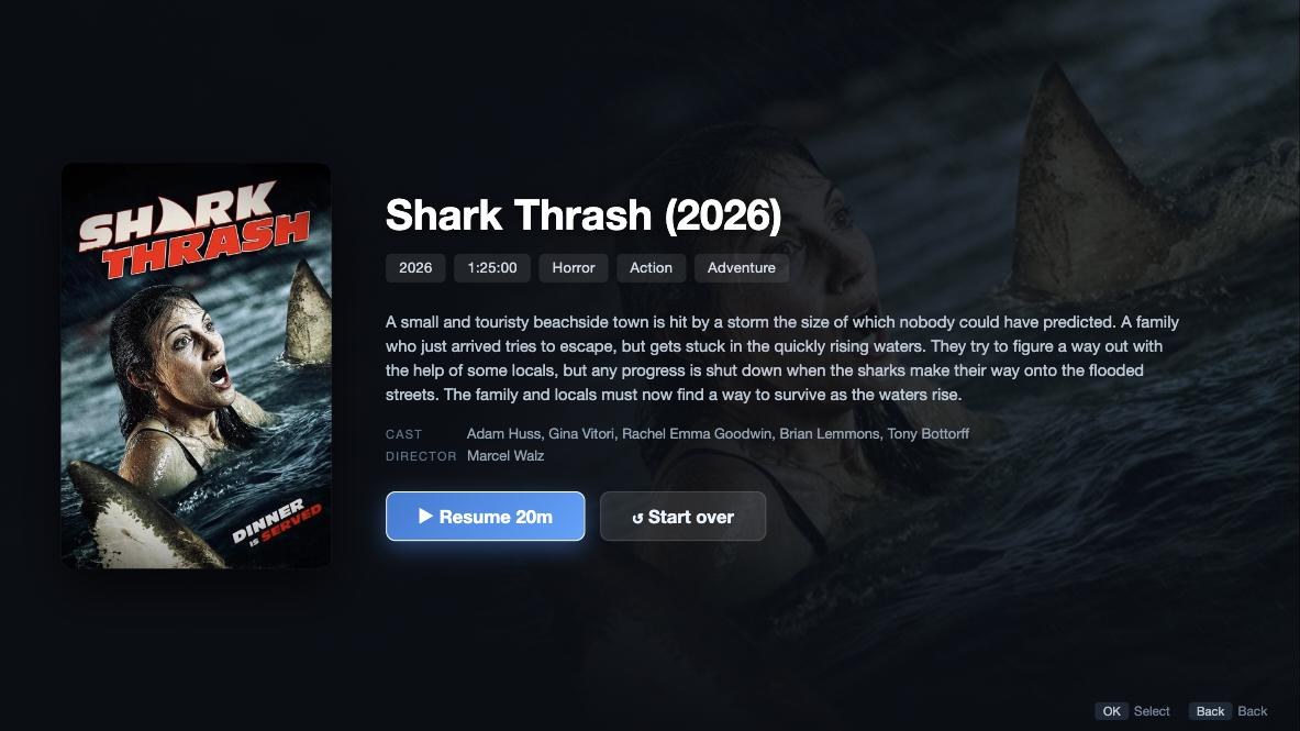 Movie page with backdrop, plot, cast and resume